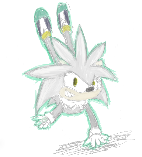 Sketch of a silver anthropomorphic hedgehog creature flipping and standing on one hand, with a green energy aura.